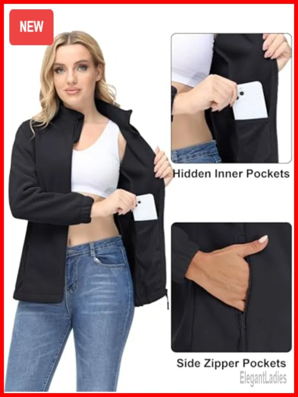 Polyester Fleece Zip Up Jacket with Pockets for Winter Casual